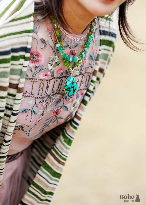 Boho Necklace, Green Semiprecious Stone Seeds